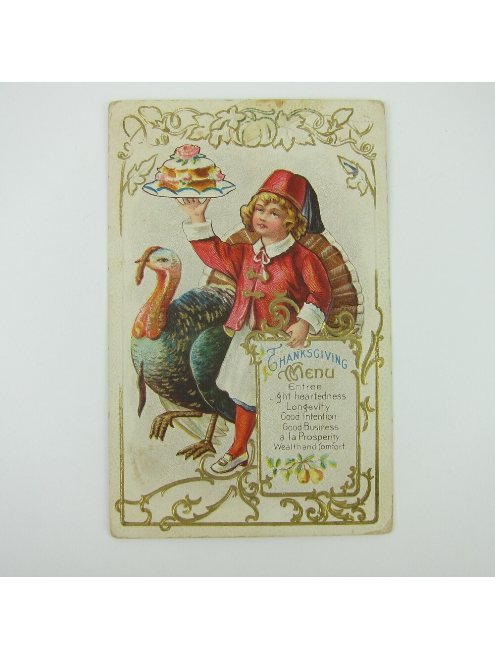 Thanksgiving Postcard Wild Turkey Child in Fez Hat Cake Gold Embossed Antique